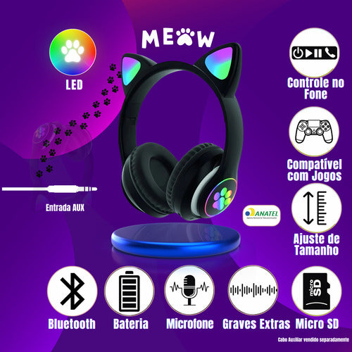 Fone De Ouvido Gatinho Fofinho Bluetooth Led Cat Headset
