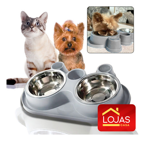 Comedouro E Bebedouro Com Petisqueira Cão/gato Tigelas Inox