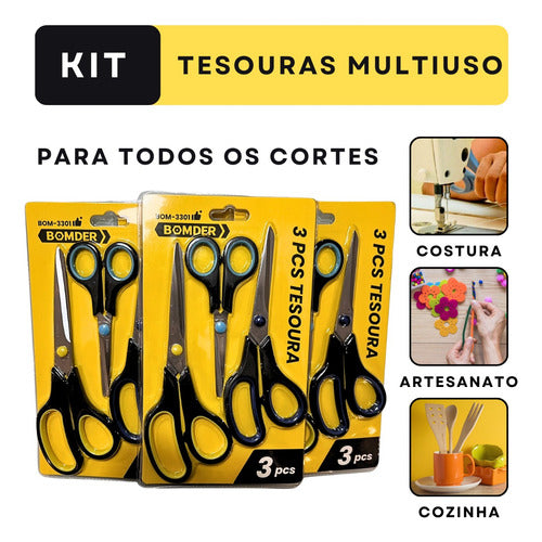 Kit 3 Tesoura Multiuso Aço Inox Papel Tecido Cozinha Costura