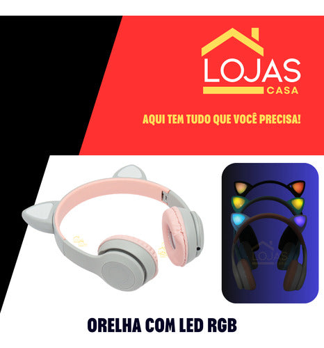 Fone De Ouvido Infantil Orelha De Gatinho Bluetooth Led  Rgb