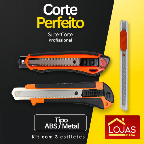 Kit 3 Estilete Profissional 18mm Com Trava 3 Lâminas Reserva Lojas Casa