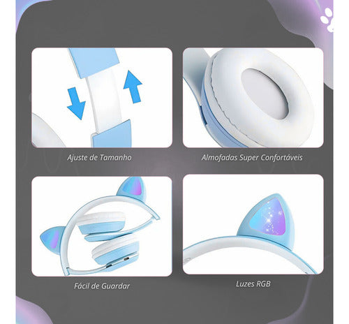 Fone De Ouvido Infantil Orelha De Gatinho Bluetooth Led  Rgb