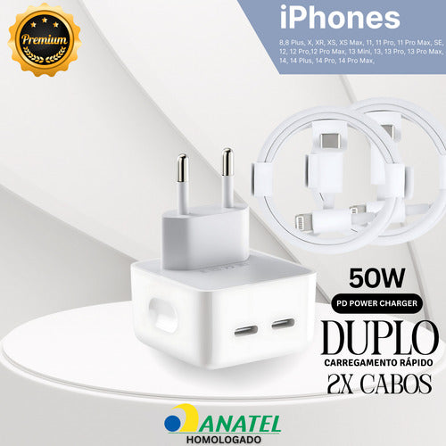 2x Cabos + Fonte Usb-c Para iPhone X / 12 /13 / 14 / 15 Pro
