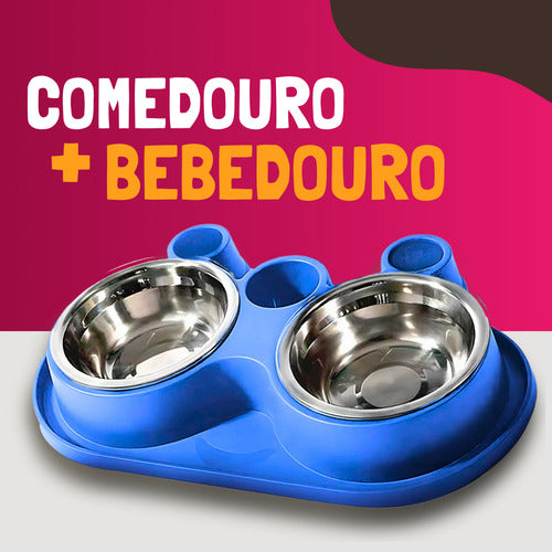 Comedouro E Bebedouro Com Petisqueira Cão/gato Tigelas Inox
