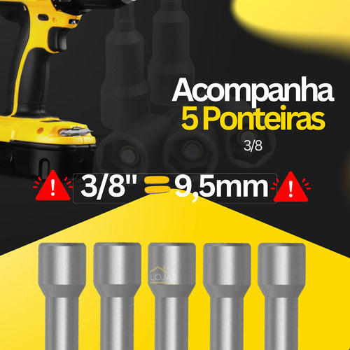Kit 5 Ponteiras Bits Soquete Canhão Sextavado 3/8 Ou 9,5mm
