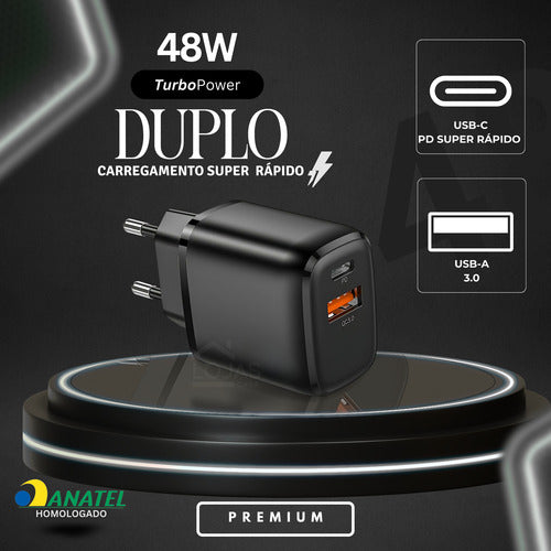 Carregador Duplo 48w Para Samsung 2 Cabos Super Fast 2m E 1m