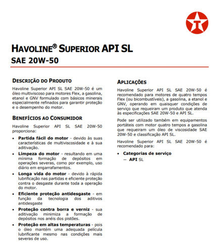 1 Litro Óleo Motor Mineral 20w50 Superior Sl Texaco Havoline