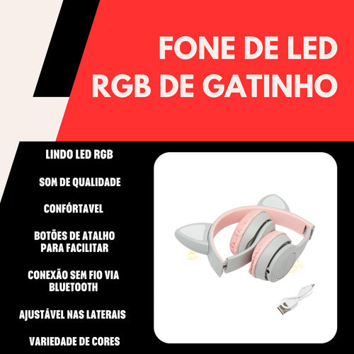 Fone De Ouvido Infantil Orelha De Gatinho Bluetooth Led  Rgb