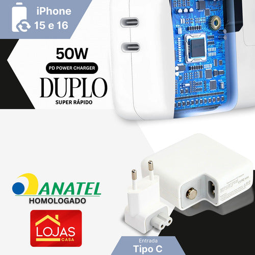 Fonte Carregador Duplo 50w Usb C P/ iPhone Samsung Motorola