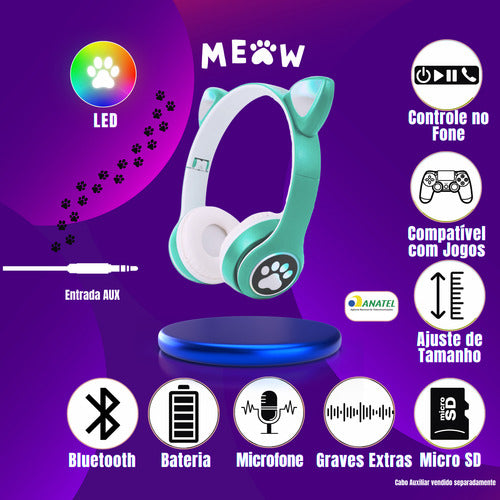 Fone De Ouvido Gatinho Fofinho Bluetooth Led Cat Headset