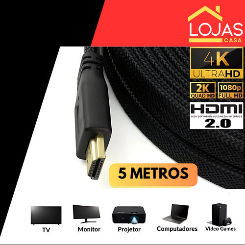 Cabo Hdmi 5 Metros Flat Blindado 3d Full Hd Para Tv Game Pc