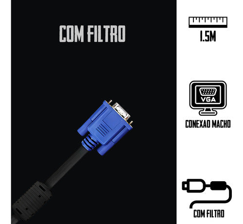 Cabo Vga Filtro 1,5m Pc Monitor Notebook Alta Resolução