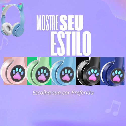 Fone De Ouvido Infantil Orelha De Gatinho Bluetooth Led  Rgb