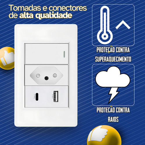 Tomada Interruptor Fonte Carregador Usb C + A De Parede Duo
