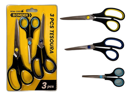 Kit 3 Tesoura Multiuso Aço Inox Papel Tecido Cozinha Costura