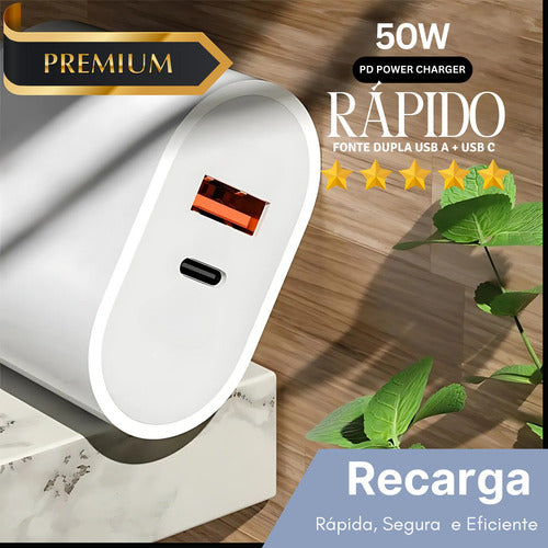 Carregador Fonte 50w P/ iPhone 15 16 17 Cabo Usb-c Ultra Duo