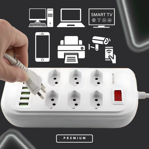 Filtro De Linha Régua Extensão 6 Tomadas Hub Tipo C E 6 Usb
