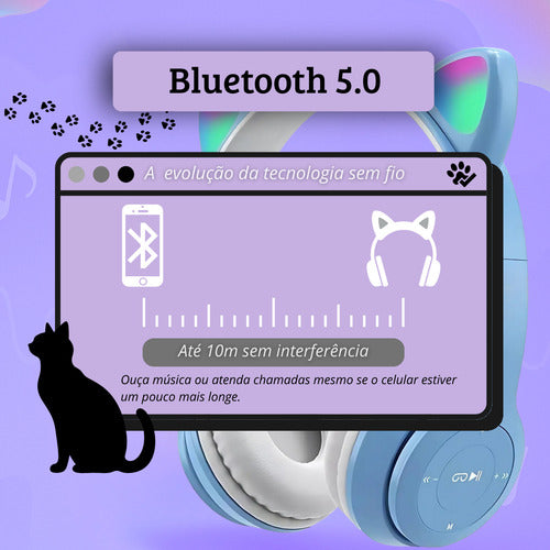 Fone De Ouvido Infantil Orelha De Gatinho Bluetooth Led  Rgb