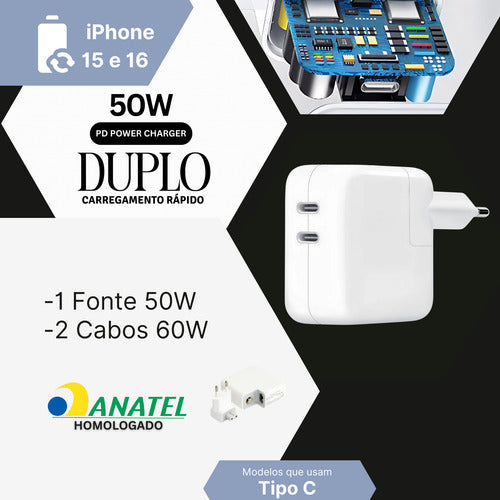Carregador 50w Usb-c Duplo Para iPhone 15 Pro Max + 2 Cabos