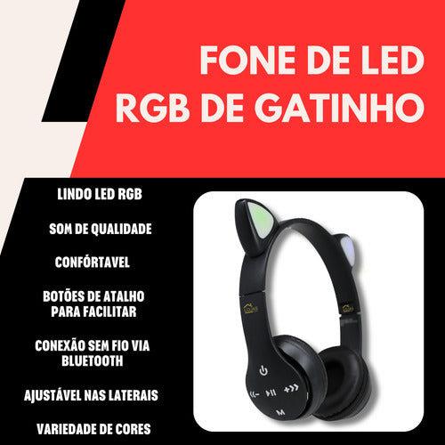 Fone De Ouvido Crianças Orelha De Gatinho Bluetooth Led Rgb