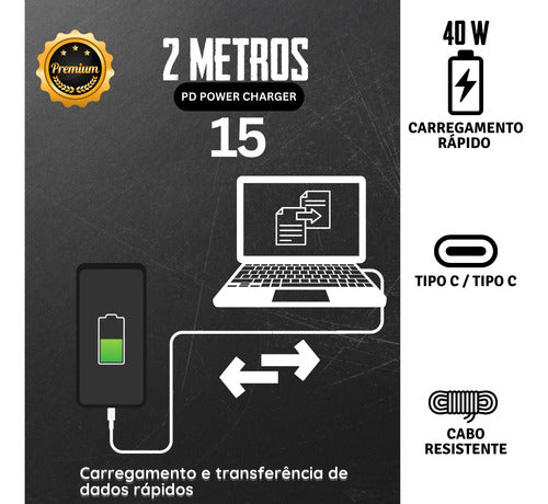 Cabo Tipo C 2m Usb-c P/ iPhone 15 16 Todos Premium Ultra