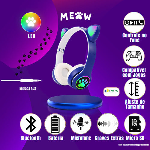 Fone De Ouvido Gatinho Fofinho Bluetooth Led Cat Headset