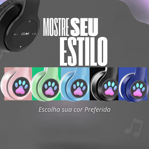 Fone De Ouvido Infantil Orelha De Gatinho Bluetooth Led  Rgb