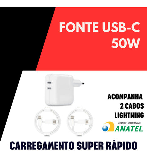 Carregador 50w Duplo Para iPhone 11 13 14 Pro Max + 2 Cabos