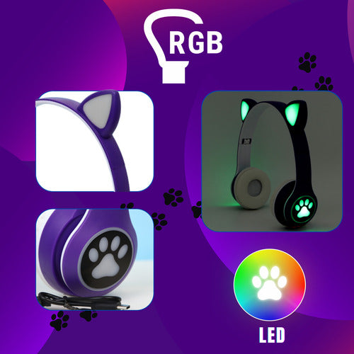 Fone De Ouvido Gatinho Fofinho Bluetooth Led Cat Headset
