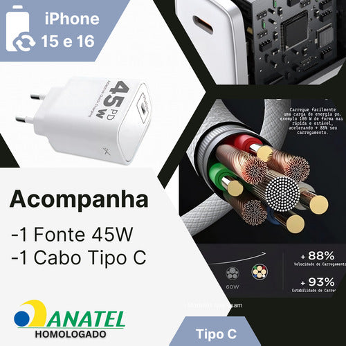 Carregador Para iPhone 15 16 Turbo 45w Tipo C Cabo Luxo