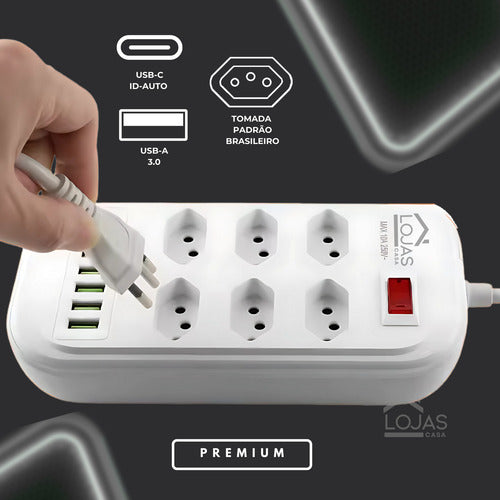 Filtro De Linha Régua Extensão 6 Tomadas Hub Tipo C E 6 Usb