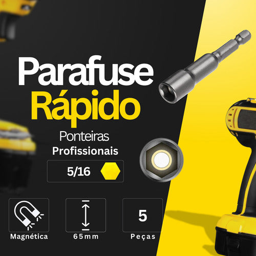 Kit 5 Ponteiras Bits Soquete Canhão Sextavado 5/16 Parafusad