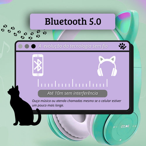 Fone De Ouvido Infantil Orelha De Gatinho Bluetooth Led  Rgb