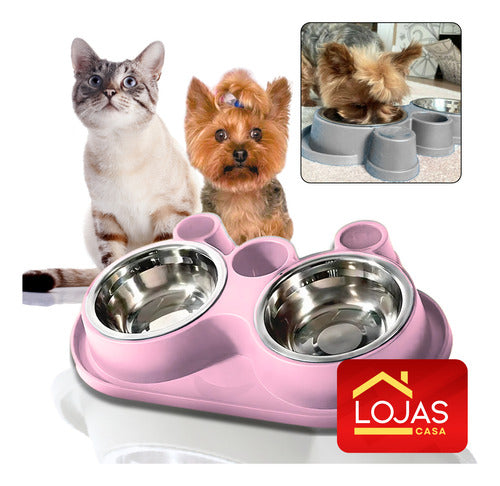 Comedouro E Bebedouro Com Petisqueira Cão/gato Tigelas Inox