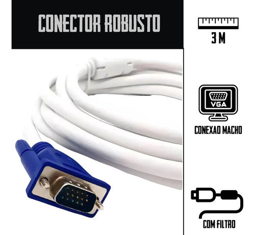 Cabo Vga 3 Metros Macho Monitor Projetor Pc Tv Profissional