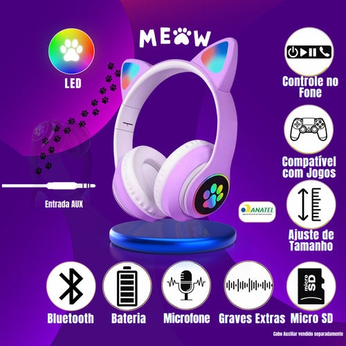 Fone De Ouvido Gatinho Fofinho Bluetooth Led Cat Headset