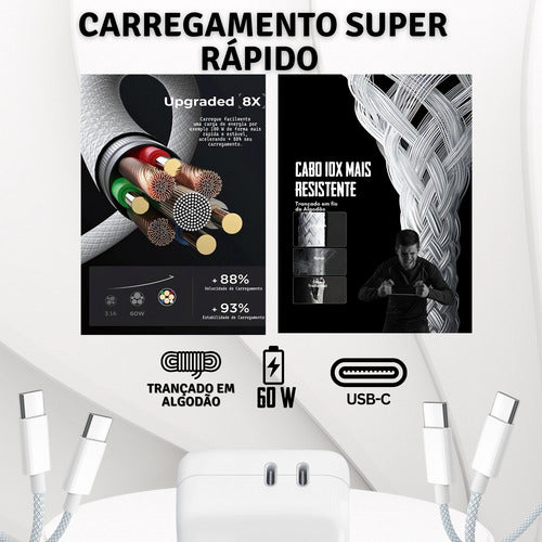 Carregador 50w Usb-c Duplo Para iPhone 15 Pro Max + 2 Cabos