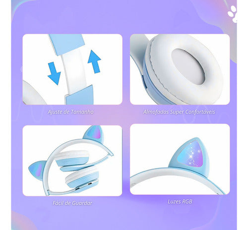 Fone De Ouvido Infantil Orelha De Gatinho Bluetooth Led  Rgb