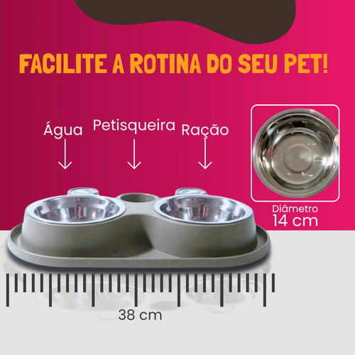 Comedouro E Bebedouro Com Petisqueira Cão/gato Tigelas Inox