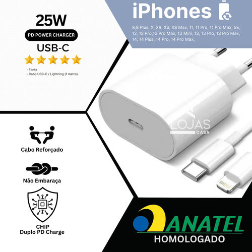 Fonte Carregador + Cabo Usb-c Para iPhone X 11 12 13 14 25w