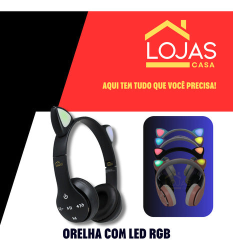 Fone De Ouvido Crianças Orelha De Gatinho Bluetooth Led Rgb