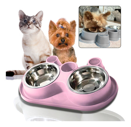 Comedouro E Bebedouro Com Petisqueira Cão/gato Tigelas Inox