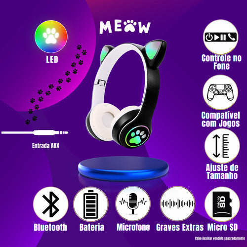 Fone De Ouvido Gatinho Fofinho Bluetooth Led Cat Headset