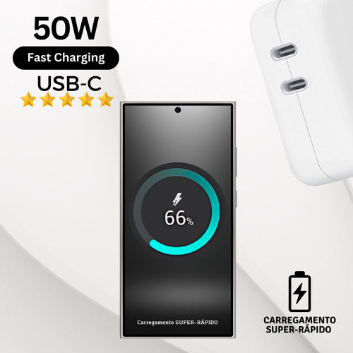 Carregador Duplo 50w Usb C + 2 Cabos 2m Samsung Motorola