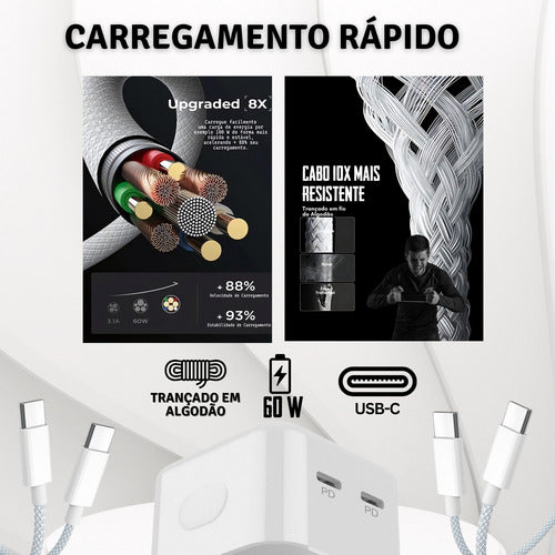 Carregador 50w Usb-c Duplo Para iPhone 16 Pro Max + 2 Cabos