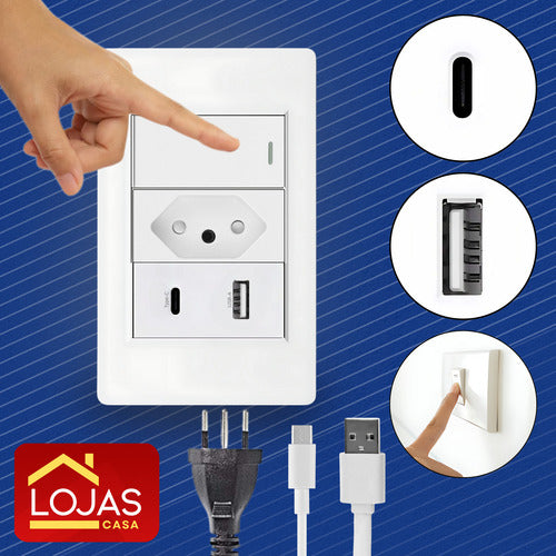 Tomada Interruptor Fonte Carregador Usb C + A De Parede Duo