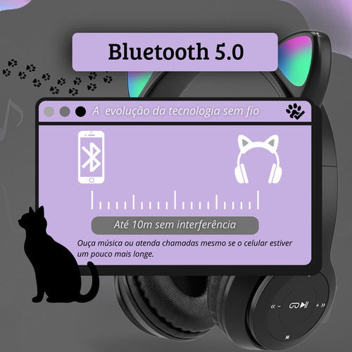 Fone De Ouvido Infantil Orelha De Gatinho Bluetooth Led  Rgb