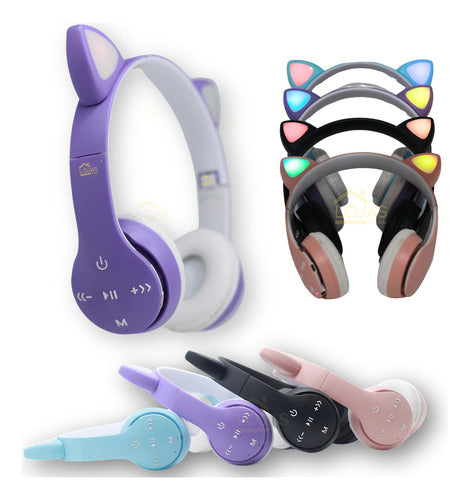 Fone De Ouvido Crianças Orelha De Gatinho Bluetooth Led Rgb