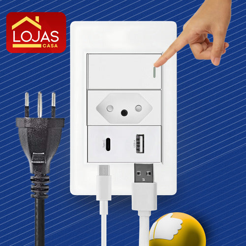 Tomada Interruptor Fonte Carregador Usb C + A De Parede Duo