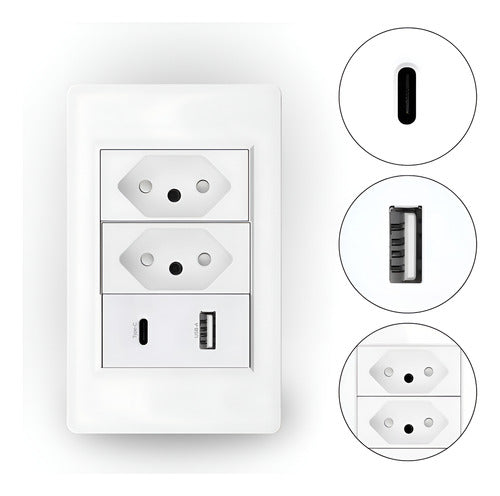 Tomada Dupla Fonte Carregador Universal Usb C + A Parede Duo